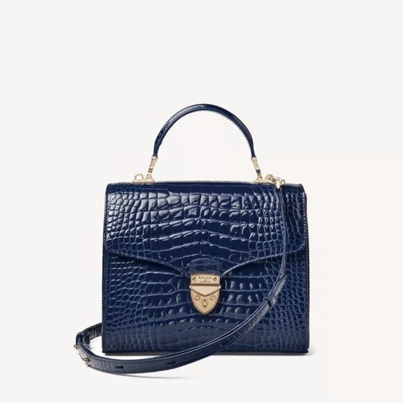 Aspinal Of London Handbags - Aspinal of London Mayfair Midnight Blue Patent Croc Top Handle Handbag Purse Bag